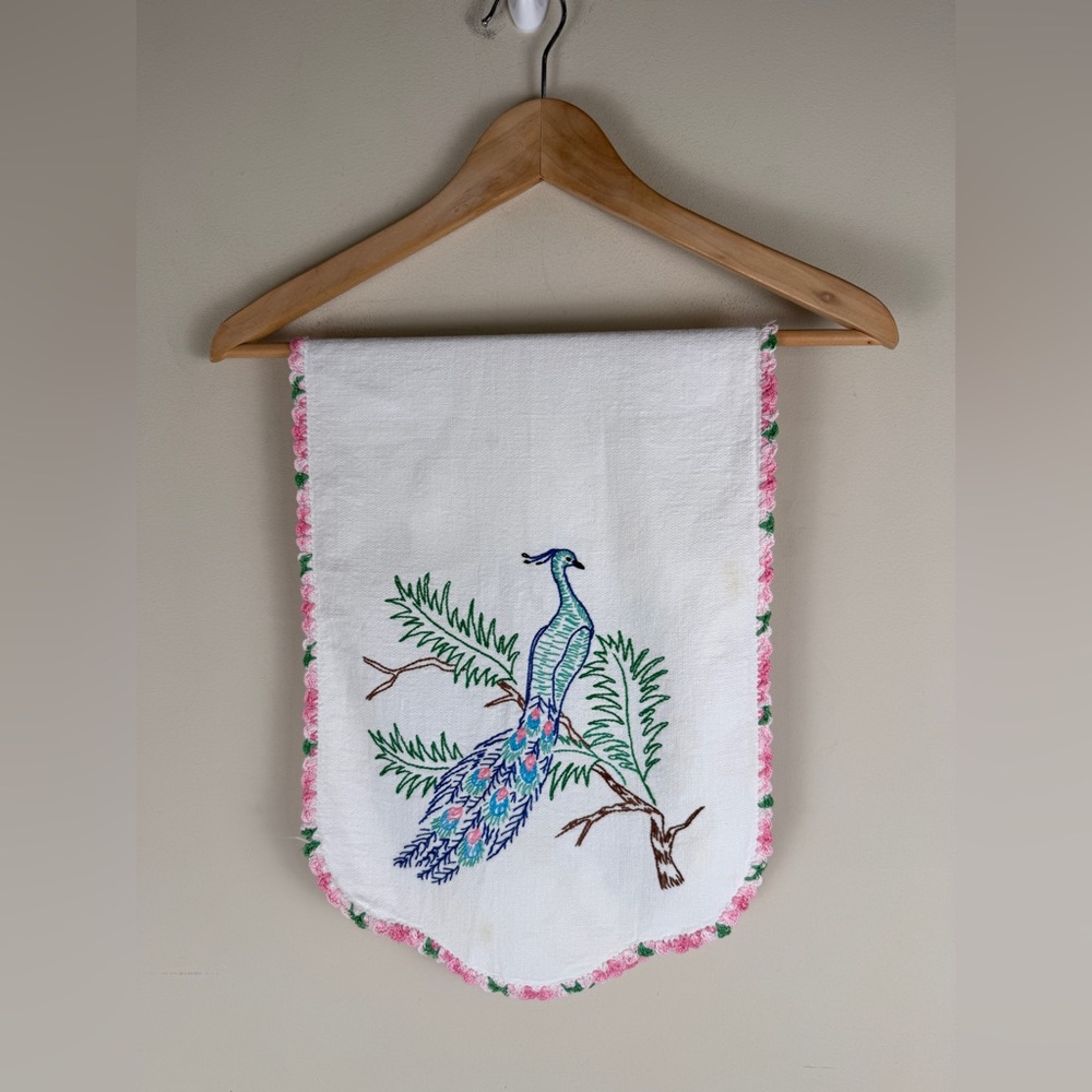 Vintage Peacock Embroidered Table Runner/Dresser Scarf Hand Embroidered